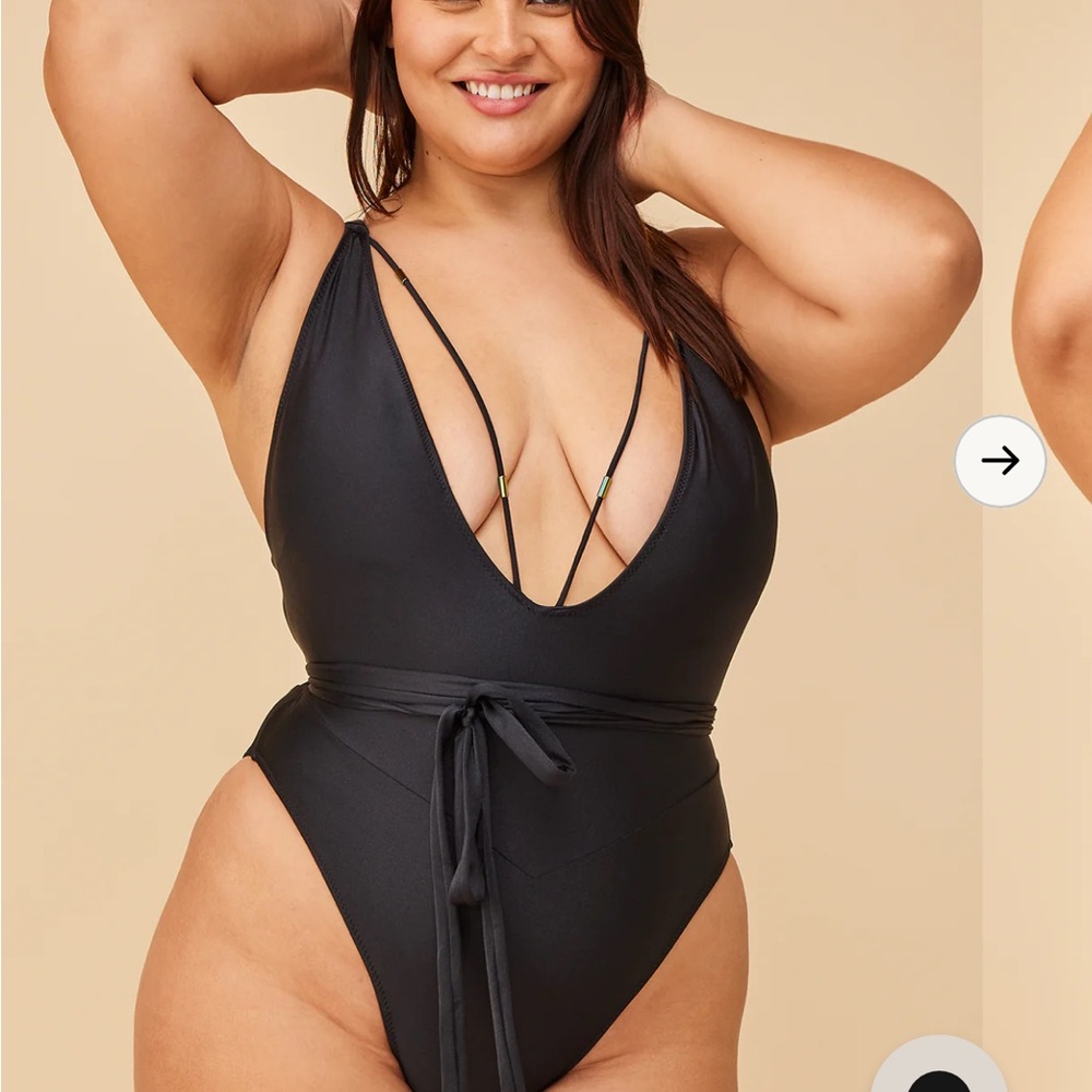 SHEFIT Black Deep V One-Piece Swimsuit with Waist Tie